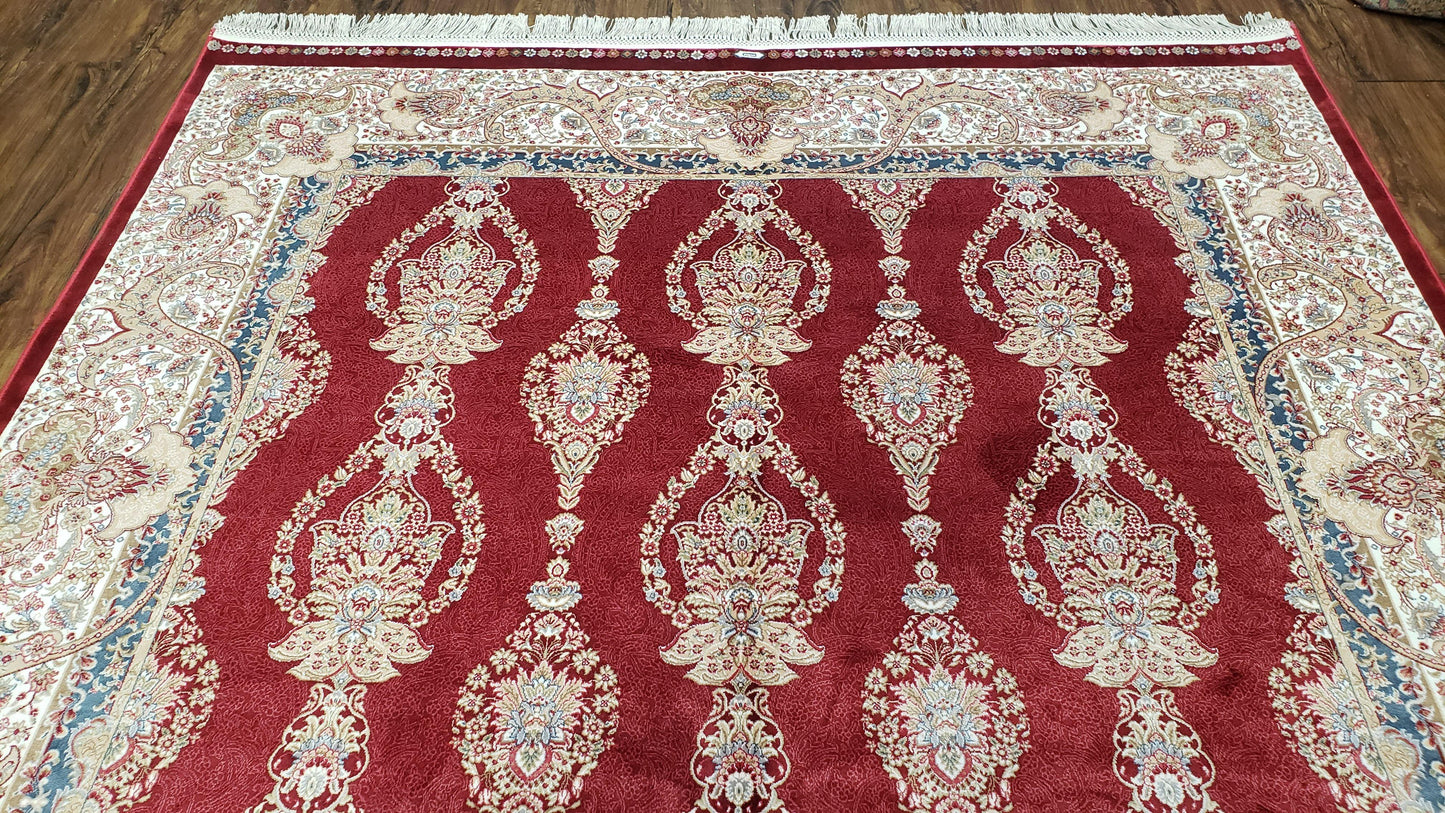 Dark Red Silk Carpet 5.3 x 7.6 ft, 5x8 Silk Rug, New Turkish Silk Carpet, Mint Condition, Beige & Red Area Rug, Bamboo Silk, High Quality - Nuvé