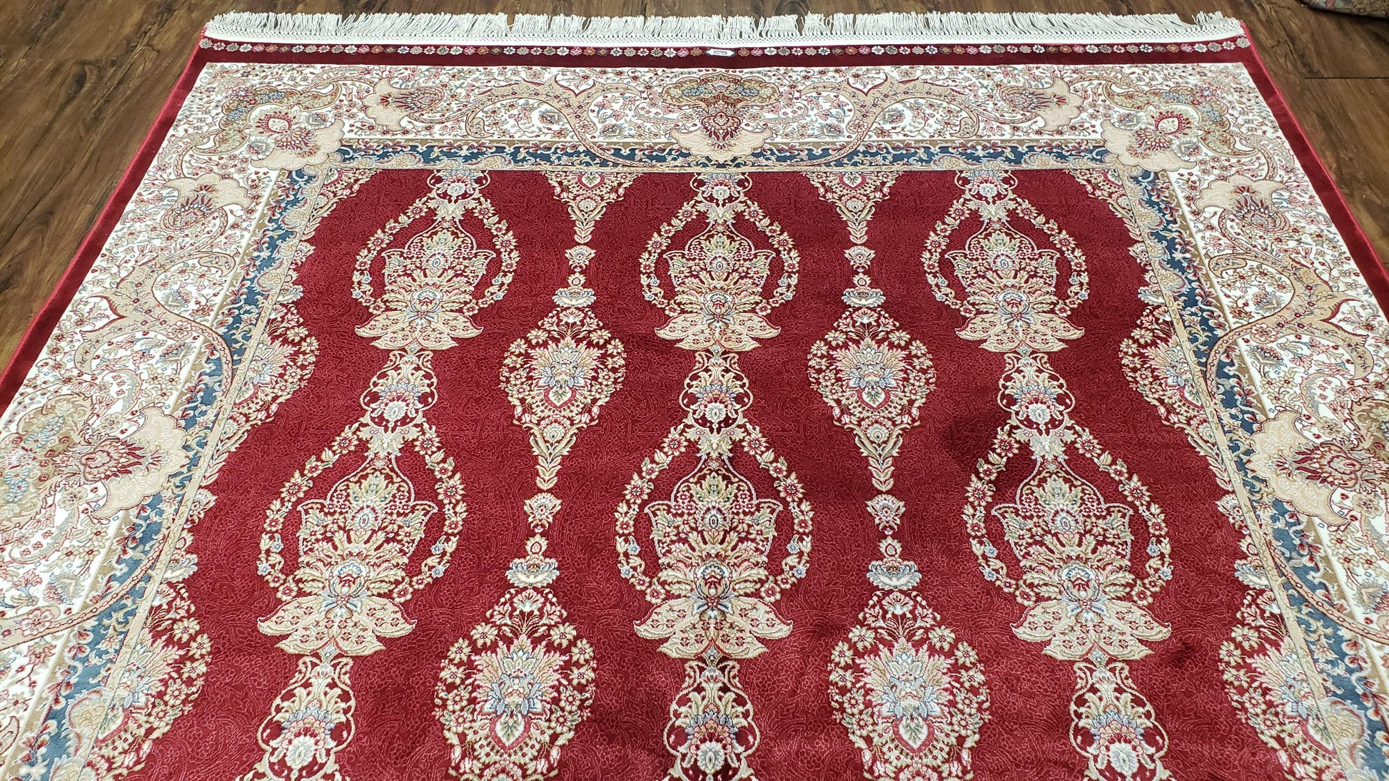 Dark Red Silk Carpet 5.3 x 7.6 ft, 5x8 Silk Rug, New Turkish Silk Carpet, Mint Condition, Beige & Red Area Rug, Bamboo Silk, High Quality - Nuvé