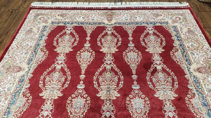 Dark Red Silk Carpet 5.3 x 7.6 ft, 5x8 Silk Rug, New Turkish Silk Carpet, Mint Condition, Beige & Red Area Rug, Bamboo Silk, High Quality - Nuvé