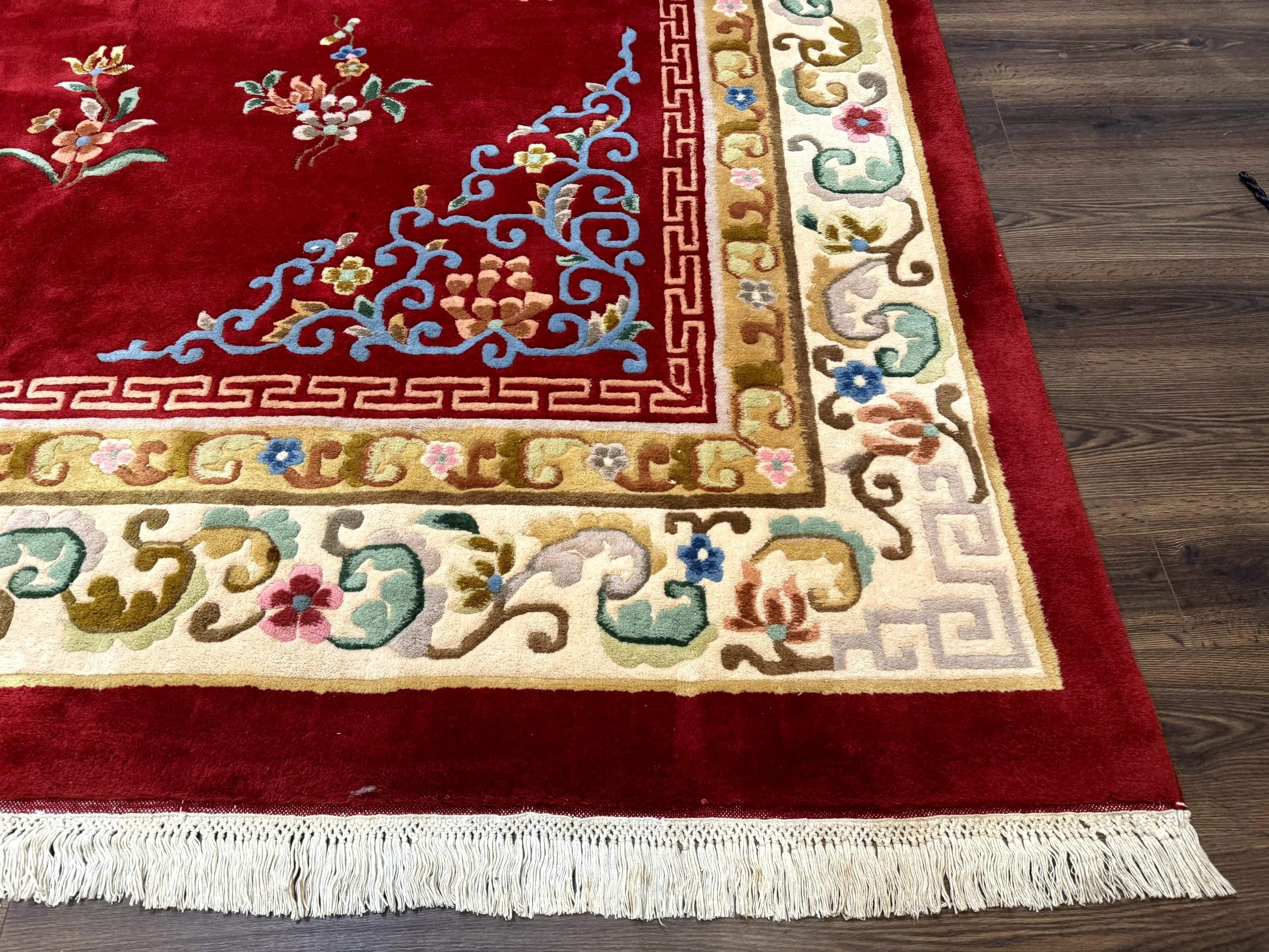 Indo Chinese Wool Rug 9x12, Red Art Deco Carpet, Vintage - Nuvé