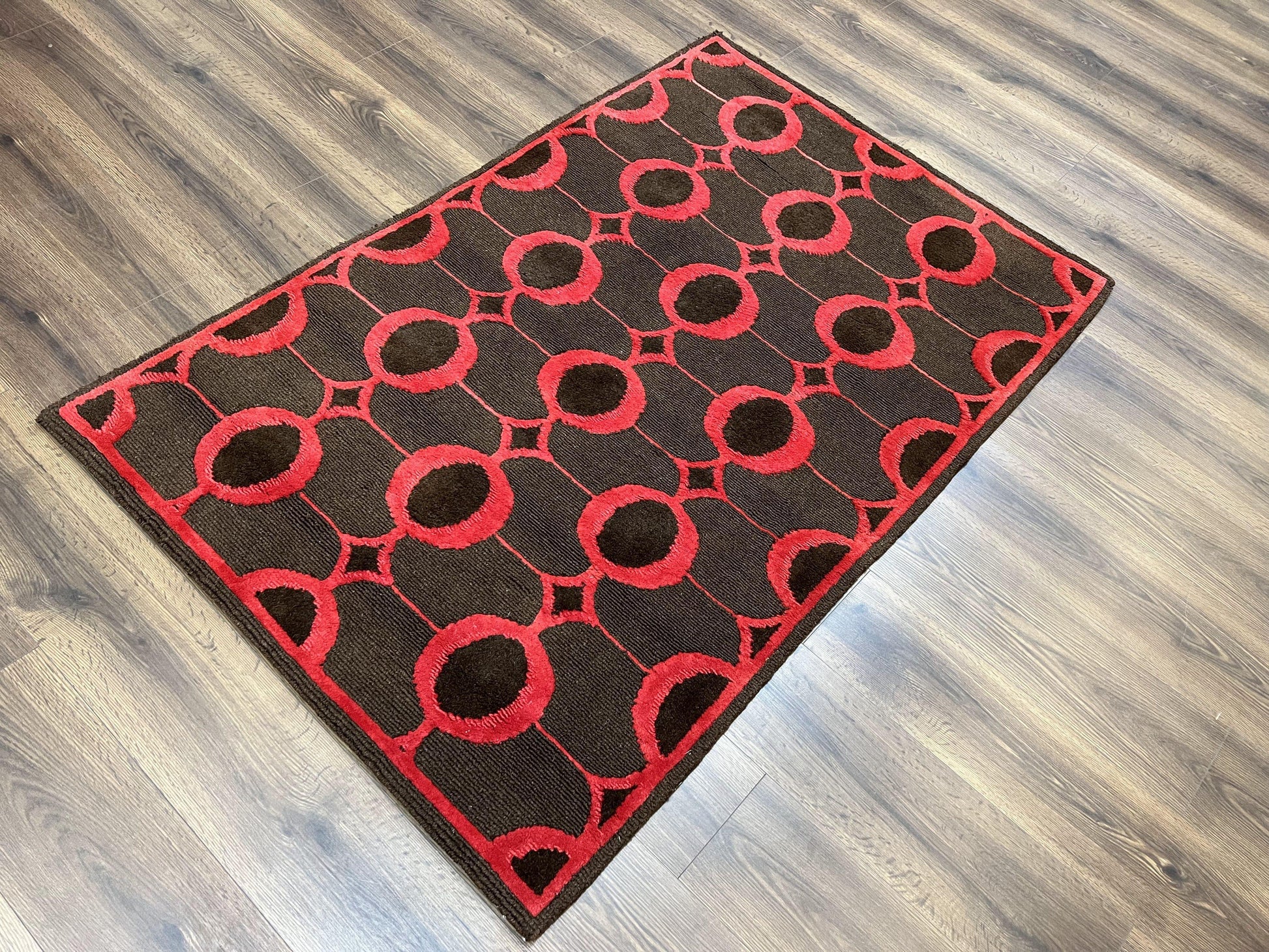 Modern Tibetan Rug 3.8 x 5.7, Raspberry Red and Dark Brown, Abstract Circle Design, Hand Knotted, Soft Wool Handmade Tibet Nepali Carpet 4x6 - Nuvé