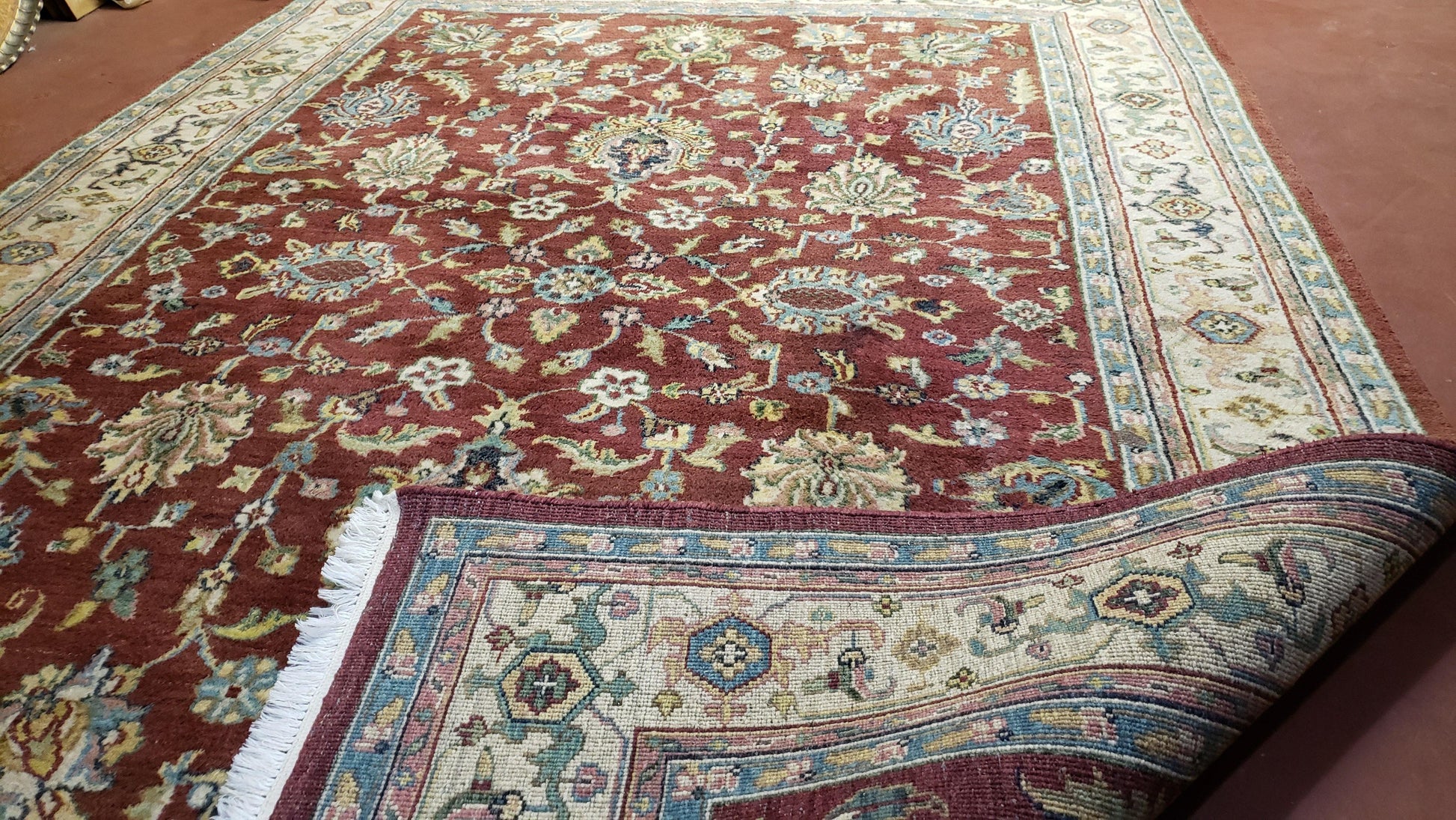 8x12 Indo-Mahal Rug, Floral Allover, Red & Beige, Wool Vintage Handmade Traditional Carpet - Nuvé