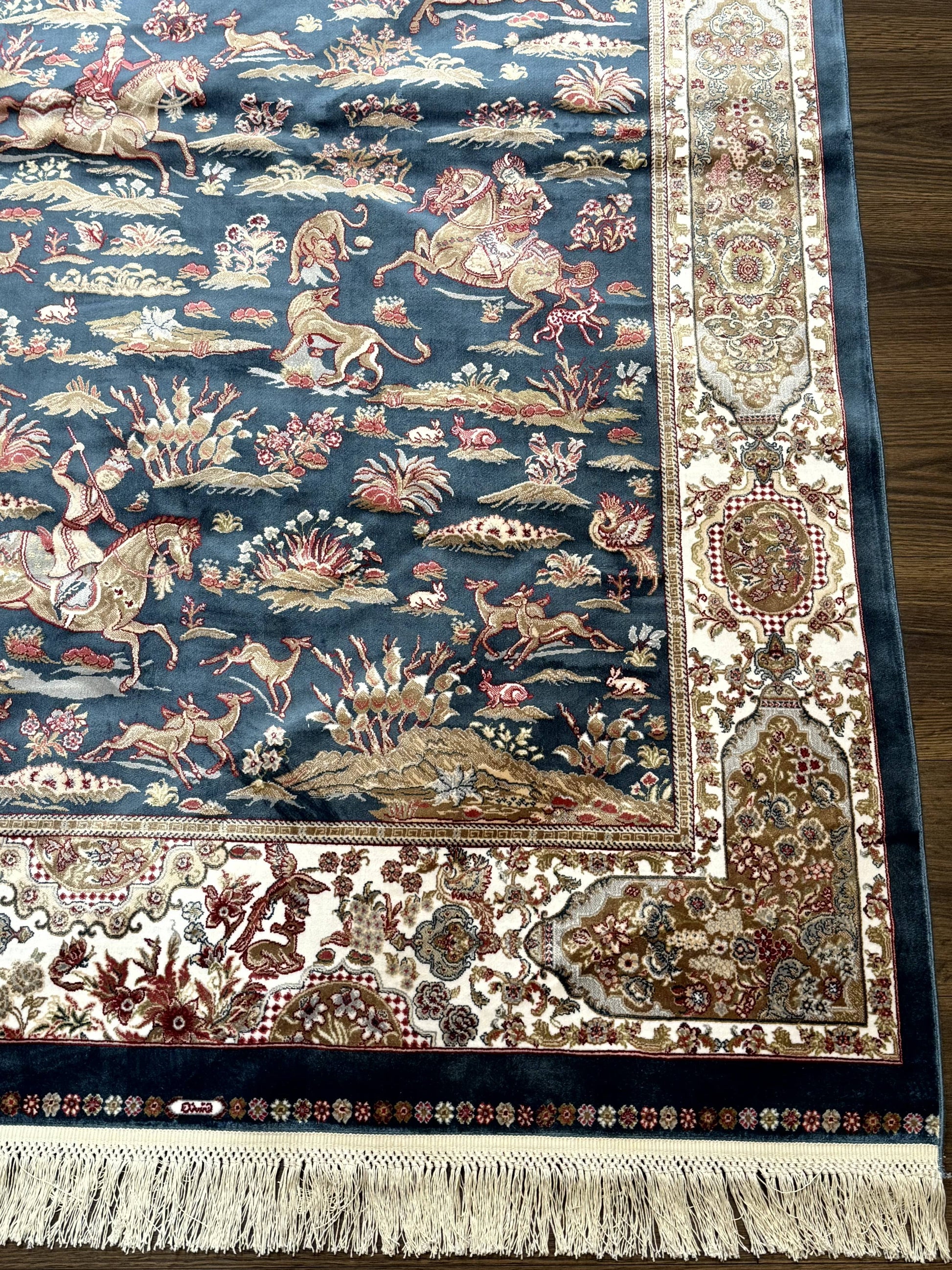 Turkish Silk Hunting Design Rug 4x6, Dark Steel Blue & Ivory, Bamboo Silk, New - Nuvé