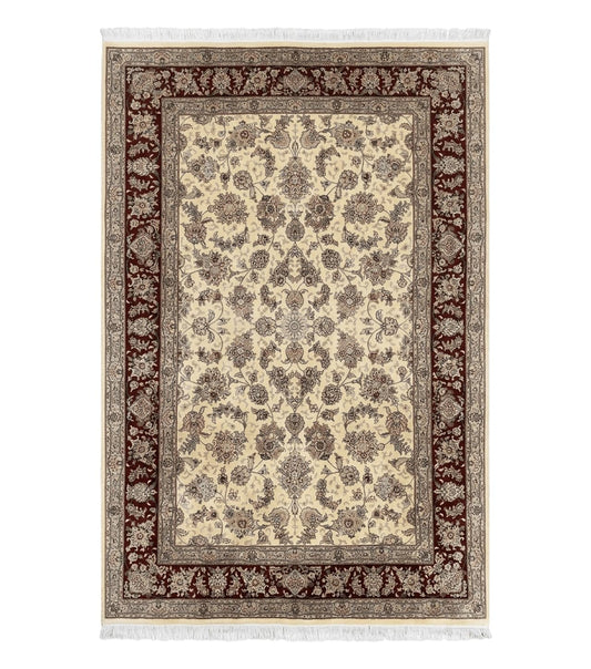 Pak Persian Rug 6x9, Floral Allover Carpet 6 x 9 ft, Cream and Maroon Hand Knotted Wool and Silk Fine Oriental Rug, Traditional Vintage Rug