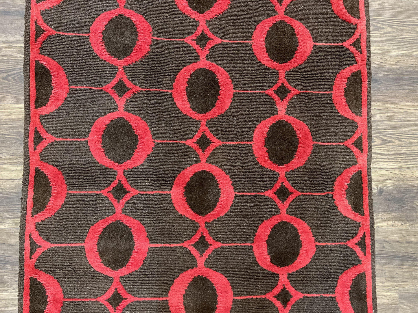 Modern Tibetan Rug 3.8 x 5.7, Raspberry Red and Dark Brown, Abstract Circle Design, Hand Knotted, Soft Wool Handmade Tibet Nepali Carpet 4x6 - Nuvé