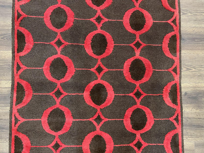 Modern Tibetan Rug 3.8 x 5.7, Raspberry Red and Dark Brown, Abstract Circle Design, Hand Knotted, Soft Wool Handmade Tibet Nepali Carpet 4x6 - Nuvé