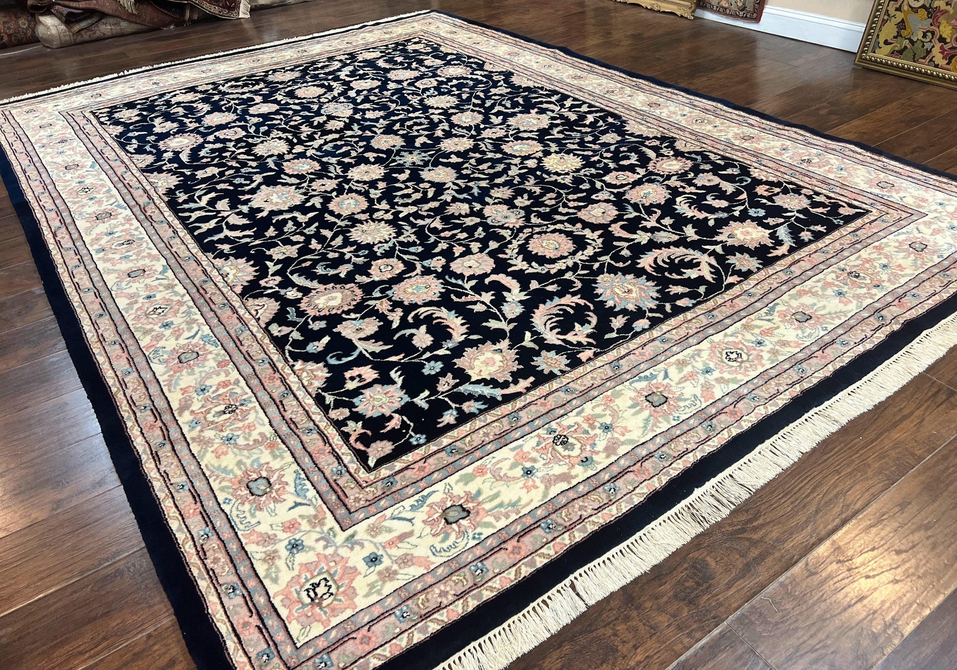 Indo Persian Rug 9x12, Navy Blue and Ivory/Cream, Floral Allover, Wool Vintage Handmade Carpet - Nuvé
