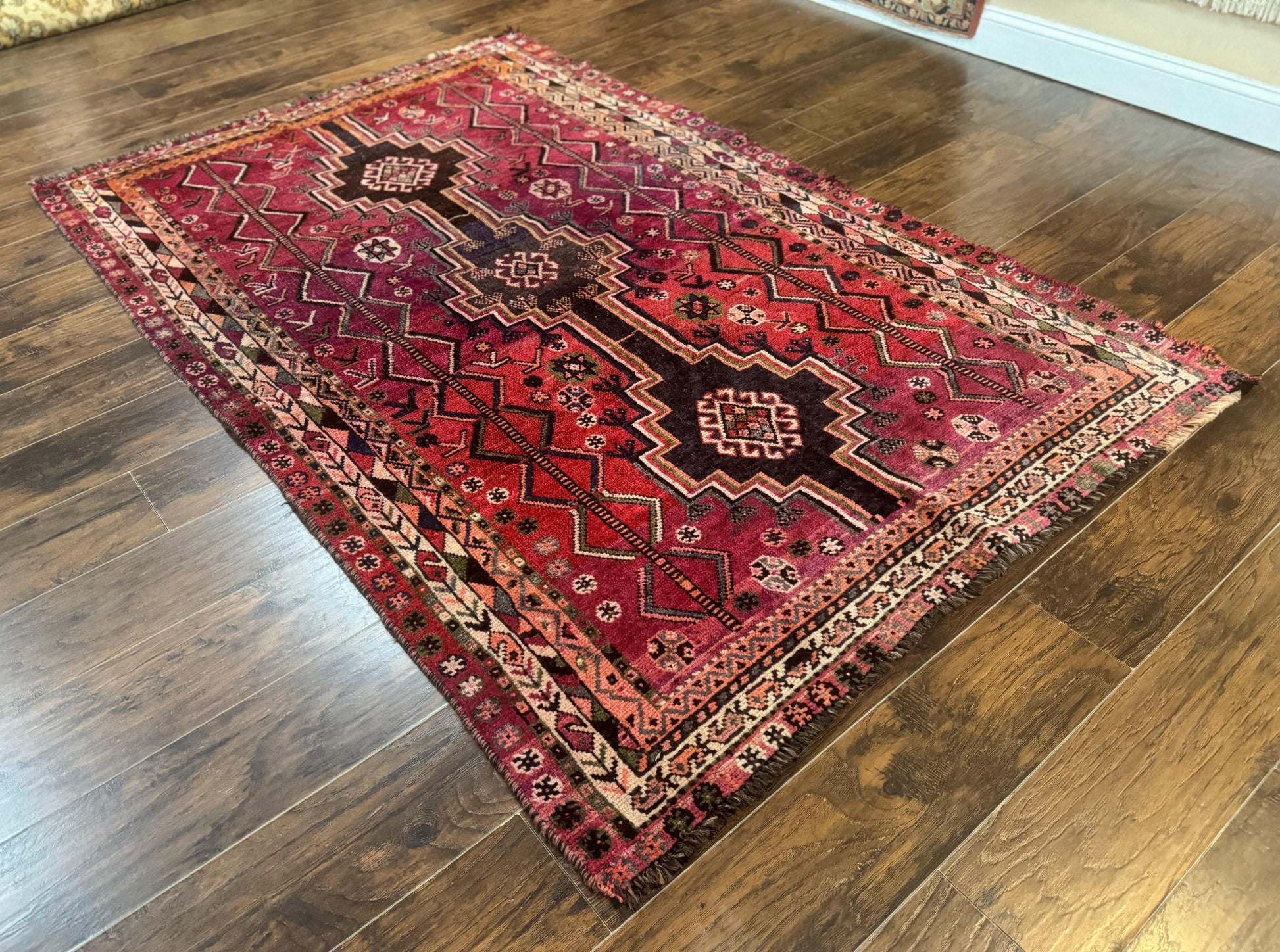 Persian Tribal Shiraz Rug 5x8, Geometric, Raspberry Red and Charcoal, Antique Persian Carpet - Nuvé