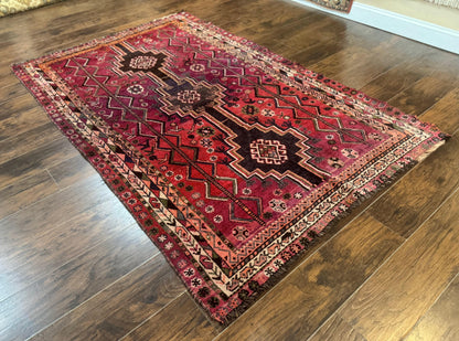 Persian Tribal Shiraz Rug 5x8, Geometric, Raspberry Red and Charcoal, Antique Persian Carpet - Nuvé
