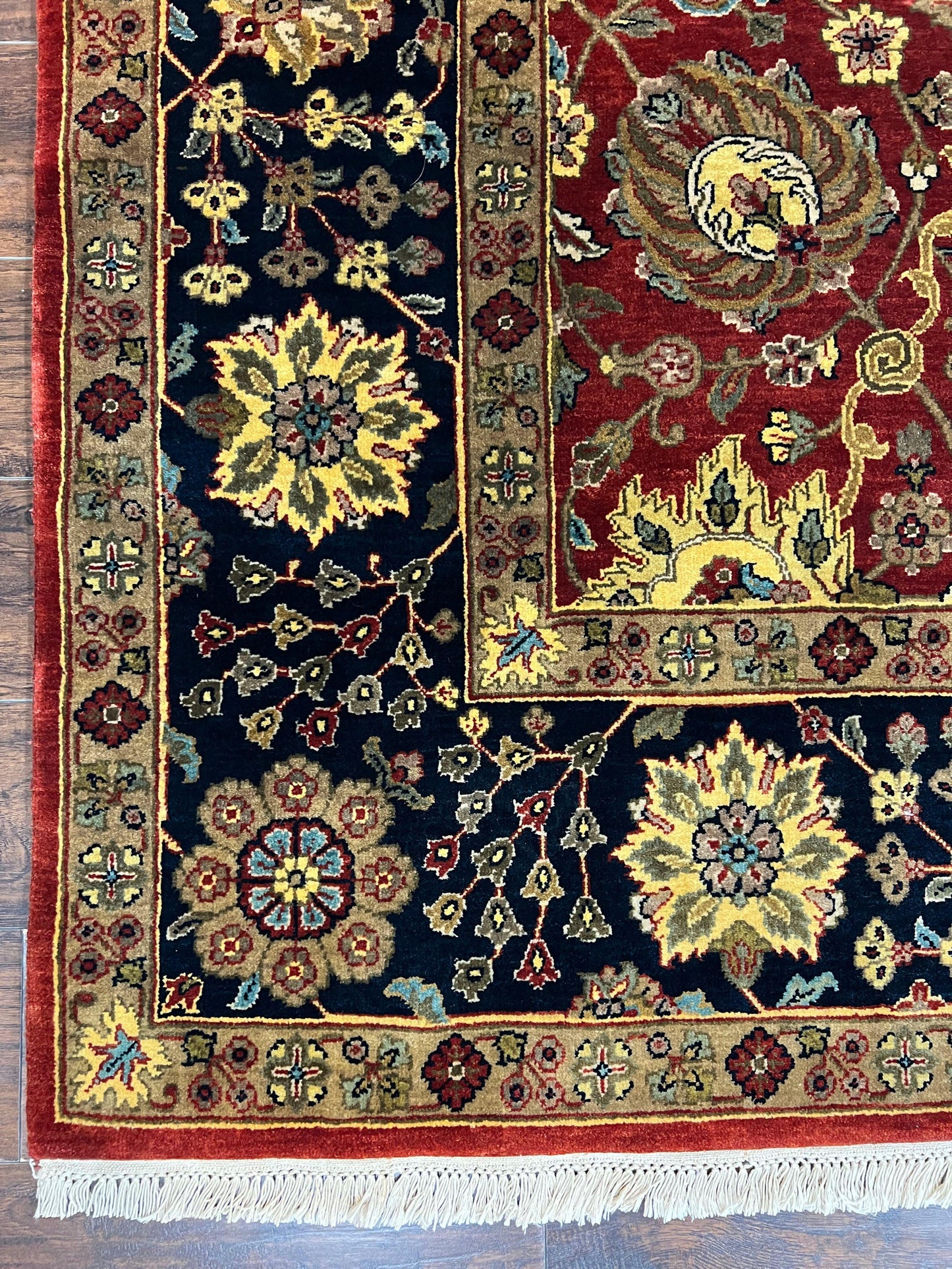 Indo Persian Rug 9x12, Hand Knotted Traditional Indian Wool Oriental Carpet 9 x 12 ft, Maroon and Navy Blue, Floral Allover 9x12 Vintage Rug - Nuvé