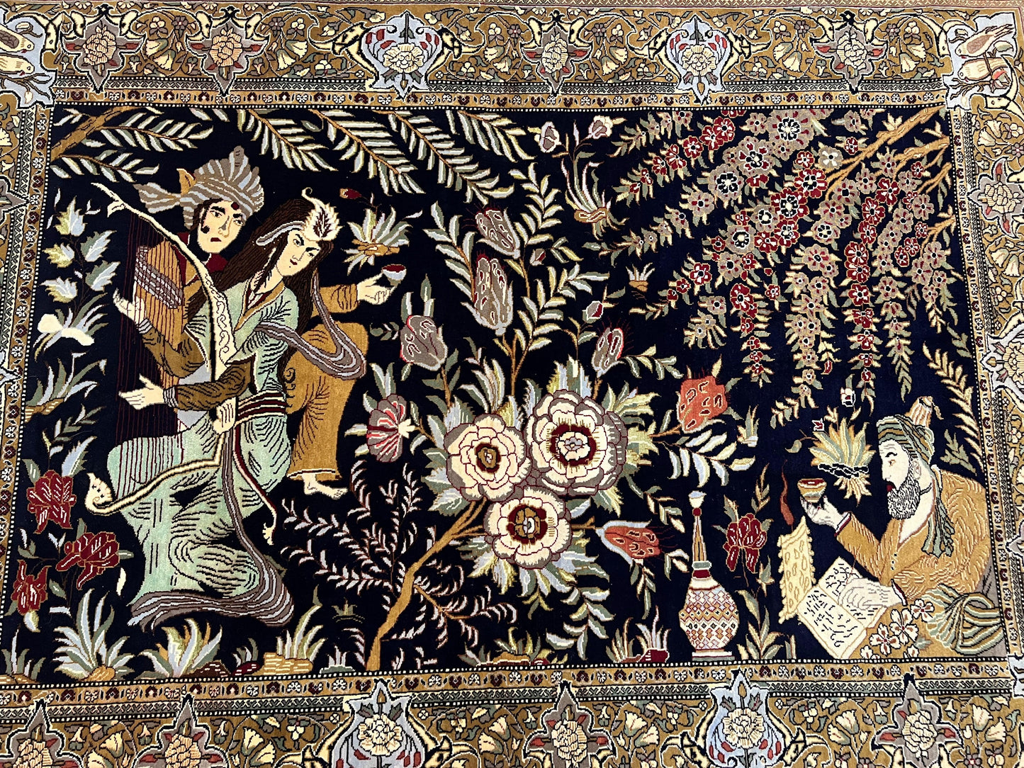 Persian Qum Pictorial Rug 4.8 x 6.5 - Layla & Majnun, Birds - Nuvé