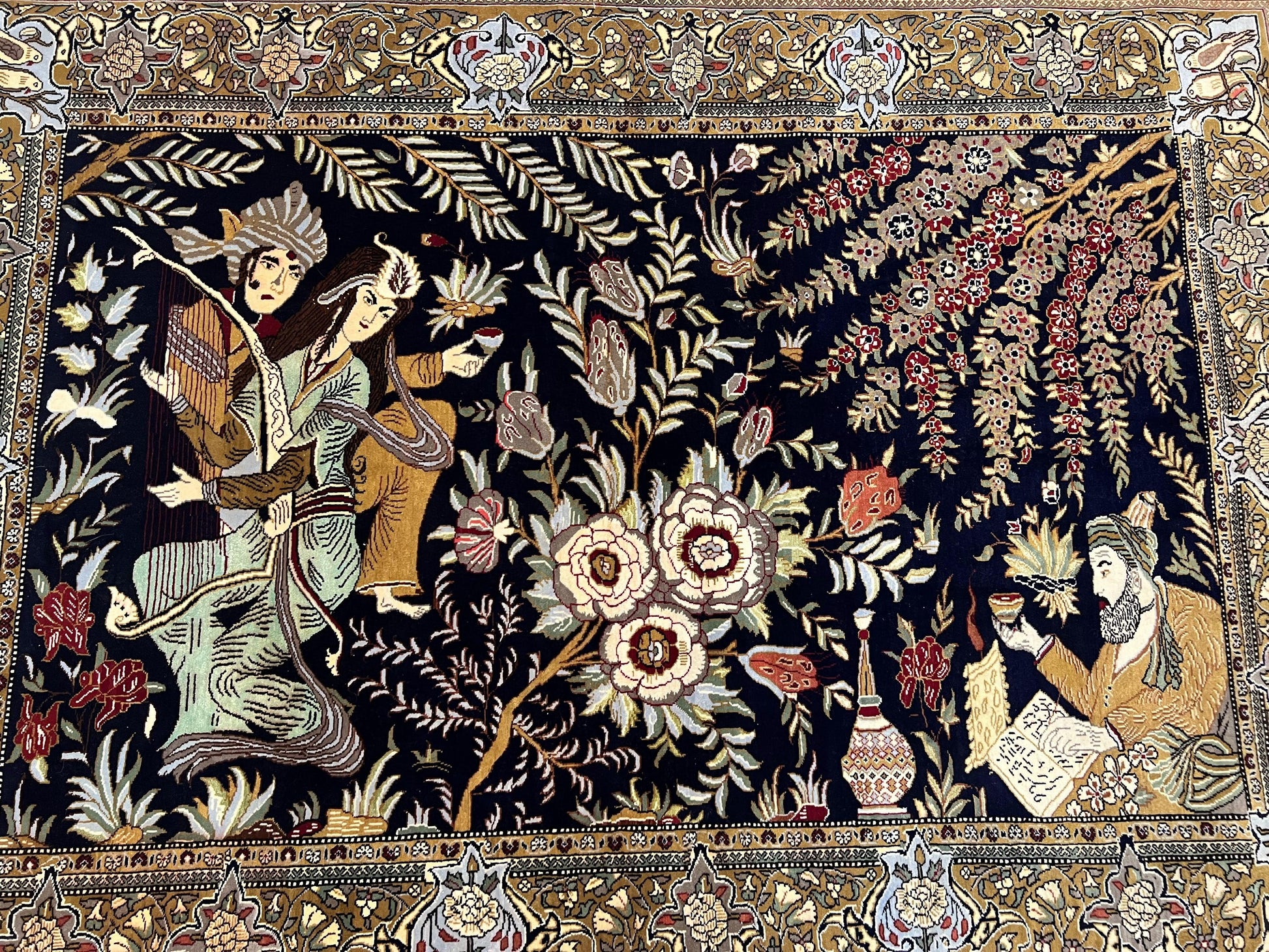 Persian Qum Pictorial Rug 4.8 x 6.5 - Layla & Majnun, Birds - Nuvé