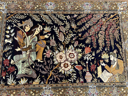Persian Qum Pictorial Rug 4.8 x 6.5 - Layla & Majnun, Birds - Nuvé