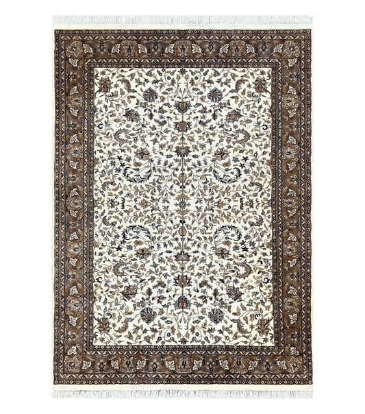 Indo Kirman Rug 8x12 Allover Floral Design, Ivory/Cream Brown, Vintage Handmade Hand Knotted Rug, Traditional Wool Persian Carpet 8 x 12