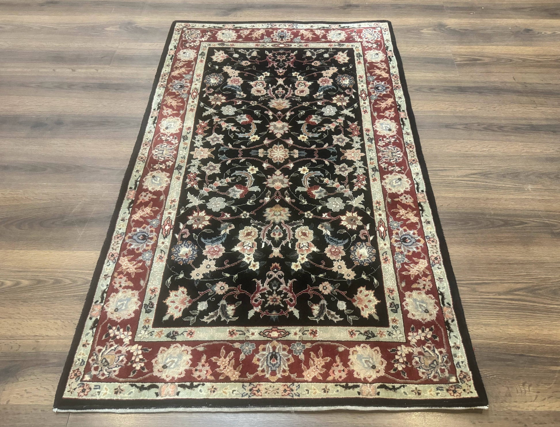 Black Sino Persian Rug 3x5, Wool with Silk Highlights, Floral, Fine 170 KPSI - Nuvé