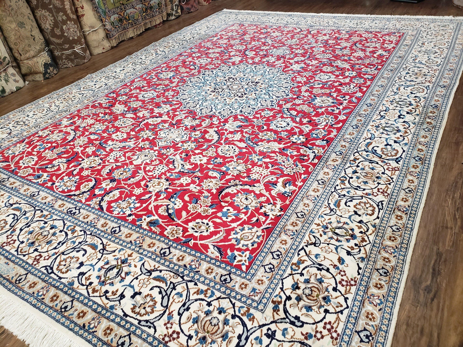 Persian Nain Rug 8x12, Red and Ivory, Signed - Nuvé