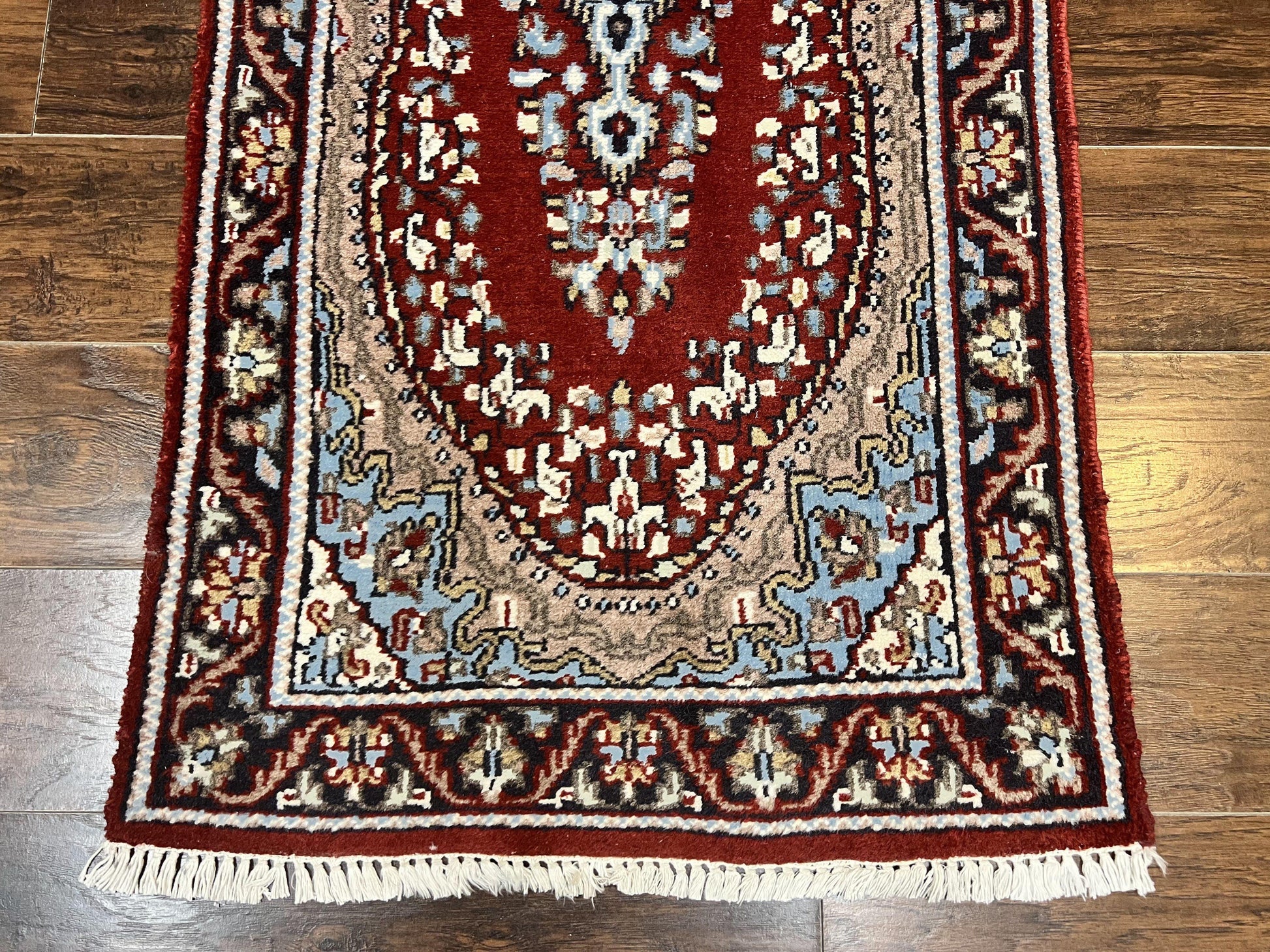 Indo Persian Runner Rug 2.8 x 14.8, Long Indo Kirman Hallway Rug, Red Floral Wool Vintage Handmade Oriental Runner - Nuvé