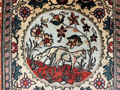 Silk Turkish Rug 2x4, Fine Handmade Oriental Rug, Animal Pictorial Birds Silk Pile on Silk Foundation Vintage Hand Knotted Hereke Carpet - Nuvé