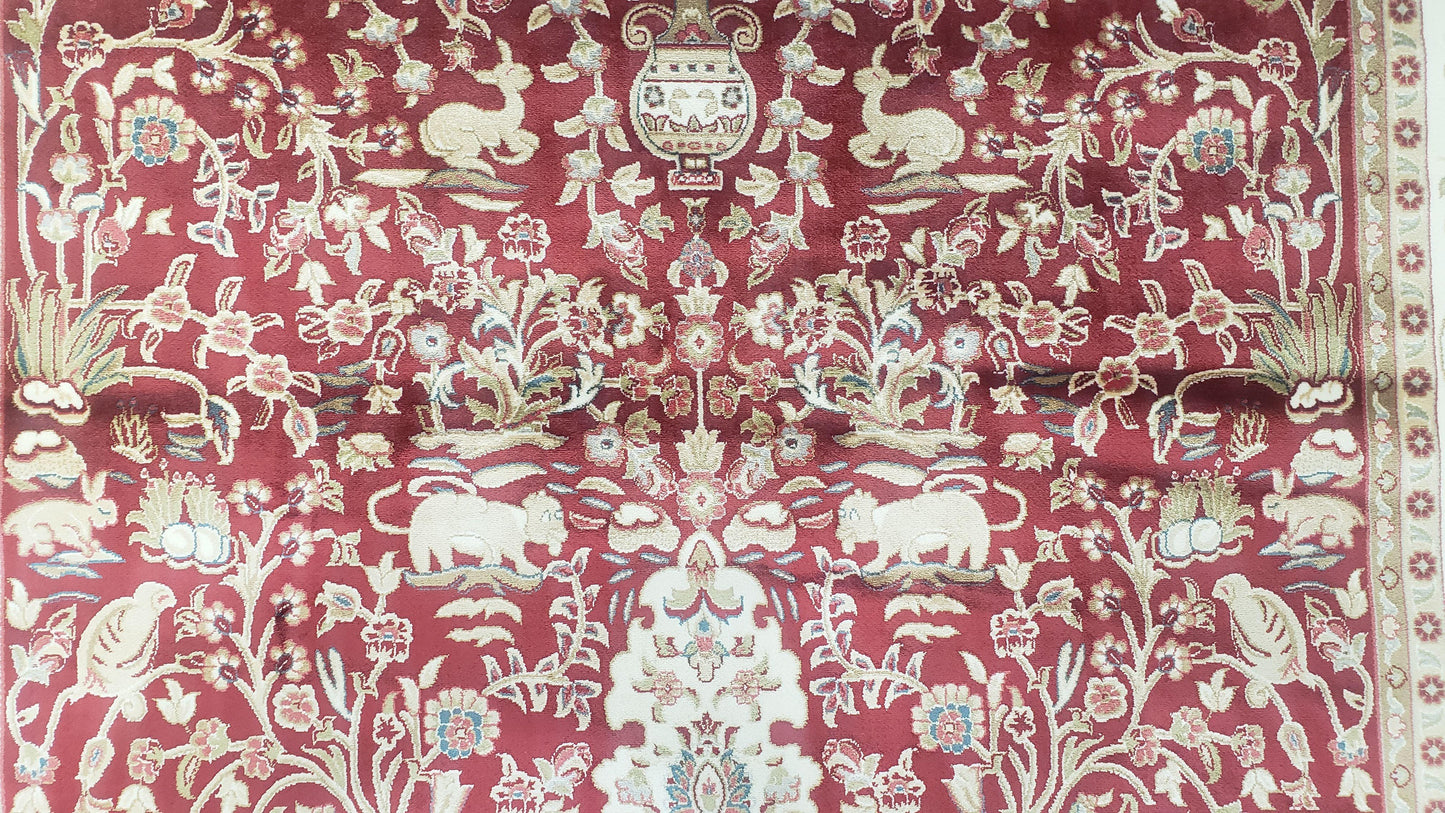 Silk Carpet 4x6 Dark Red & Cream, Tree of Life Rug, Animal Motifs, Birds Deer Rabbits, All Bamboo Silk, 4 x 6 Silk Area Rug - Nuvé