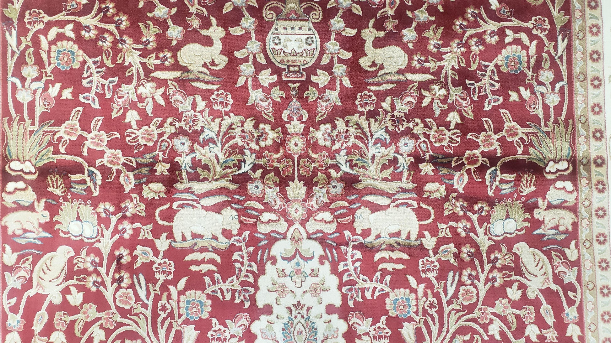 Silk Carpet 4x6 Dark Red & Cream, Tree of Life Rug, Animal Motifs, Birds Deer Rabbits, All Bamboo Silk, 4 x 6 Silk Area Rug - Nuvé