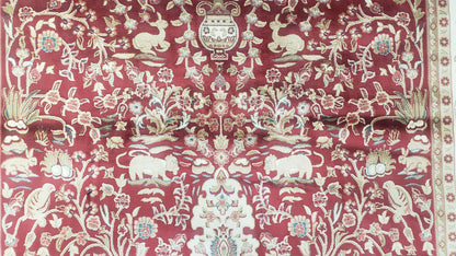 Silk Carpet 4x6 Dark Red & Cream, Tree of Life Rug, Animal Motifs, Birds Deer Rabbits, All Bamboo Silk, 4 x 6 Silk Area Rug - Nuvé