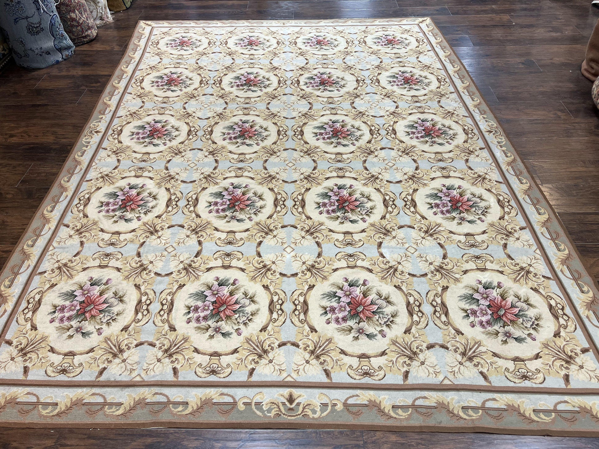 Chinese Needlepoint Rug 8x11, Handmade Wool Needlepoint Carpet, Vintage, Sky Blue - Nuvé