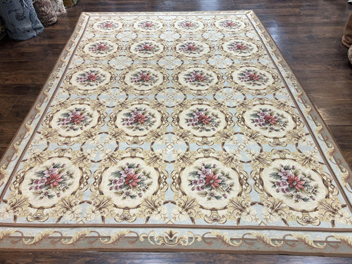 Chinese Needlepoint Rug 8x11, Handmade Wool Needlepoint Carpet, Vintage, Sky Blue - Nuvé