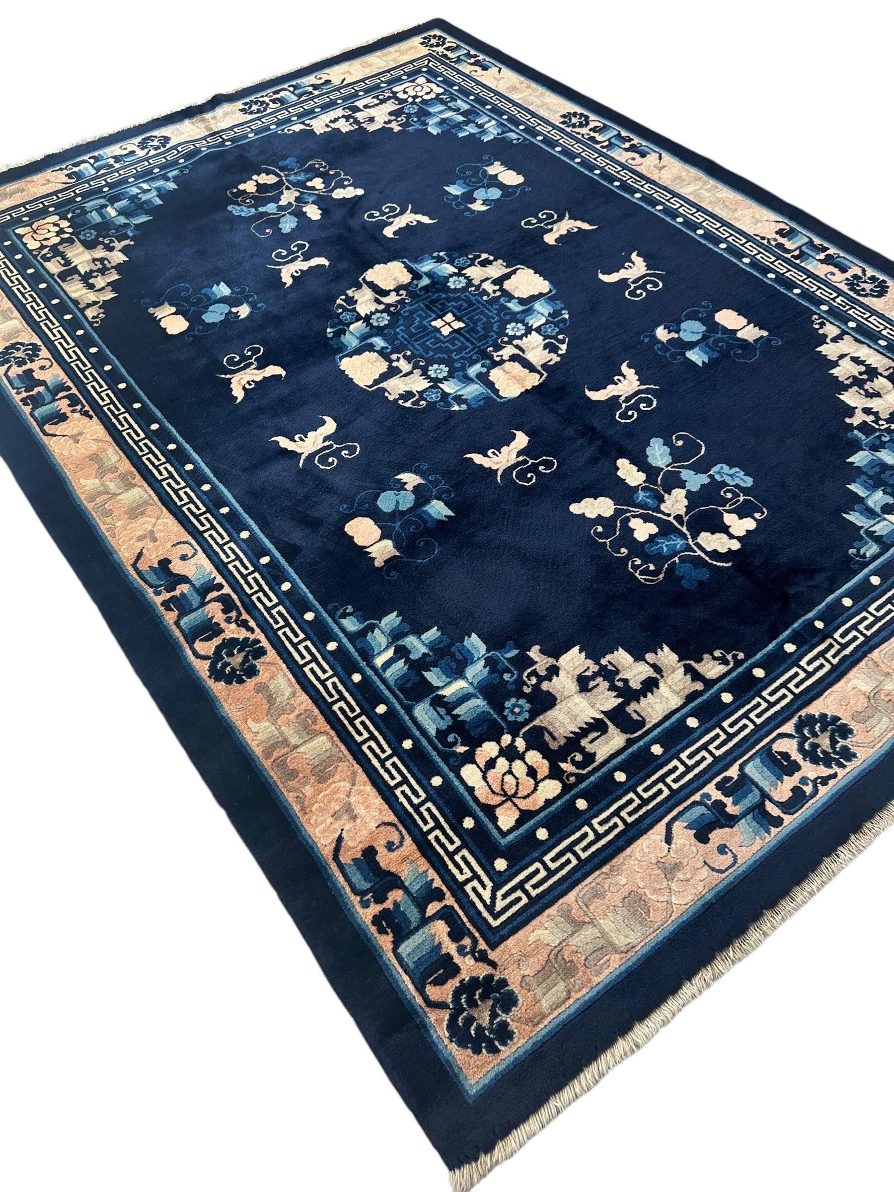 Hand-Knotted Antique Chinese Peking Wool Rug – 5’6” x 7’6” – Full Pile Navy and Cream Design - Nuvé
