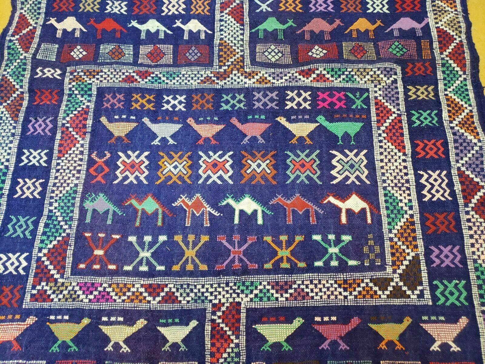 3' X 7' Vintage Handmade Indian Wool Kilim Flat weave Rug Camel Birds Blue Geometric Short Runner - Nuvé