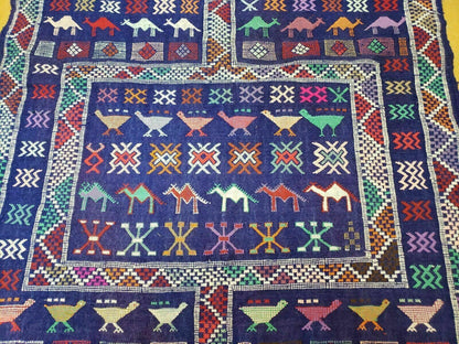 3' X 7' Vintage Handmade Indian Wool Kilim Flat weave Rug Camel Birds Blue Geometric Short Runner - Nuvé