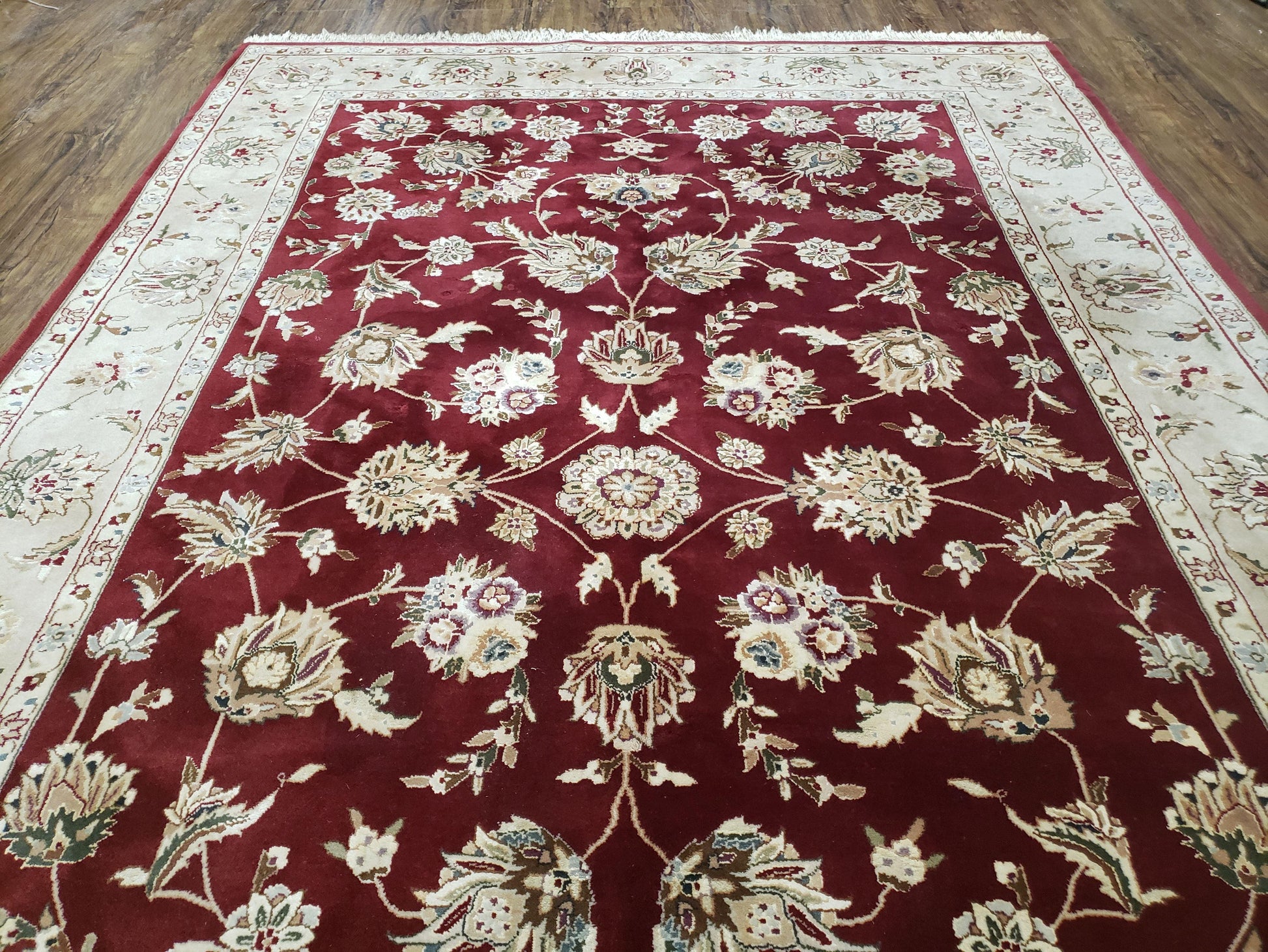 Vintage Traditional Oriental Area Rug, Hand-Knotted, Wool & Silk Accents, Maroon Red and Beige, 6x9 Carpet, 5' 9" x 9' - Nuvé
