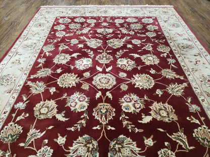 Vintage Traditional Oriental Area Rug, Hand-Knotted, Wool & Silk Accents, Maroon Red and Beige, 6x9 Carpet, 5' 9" x 9' - Nuvé
