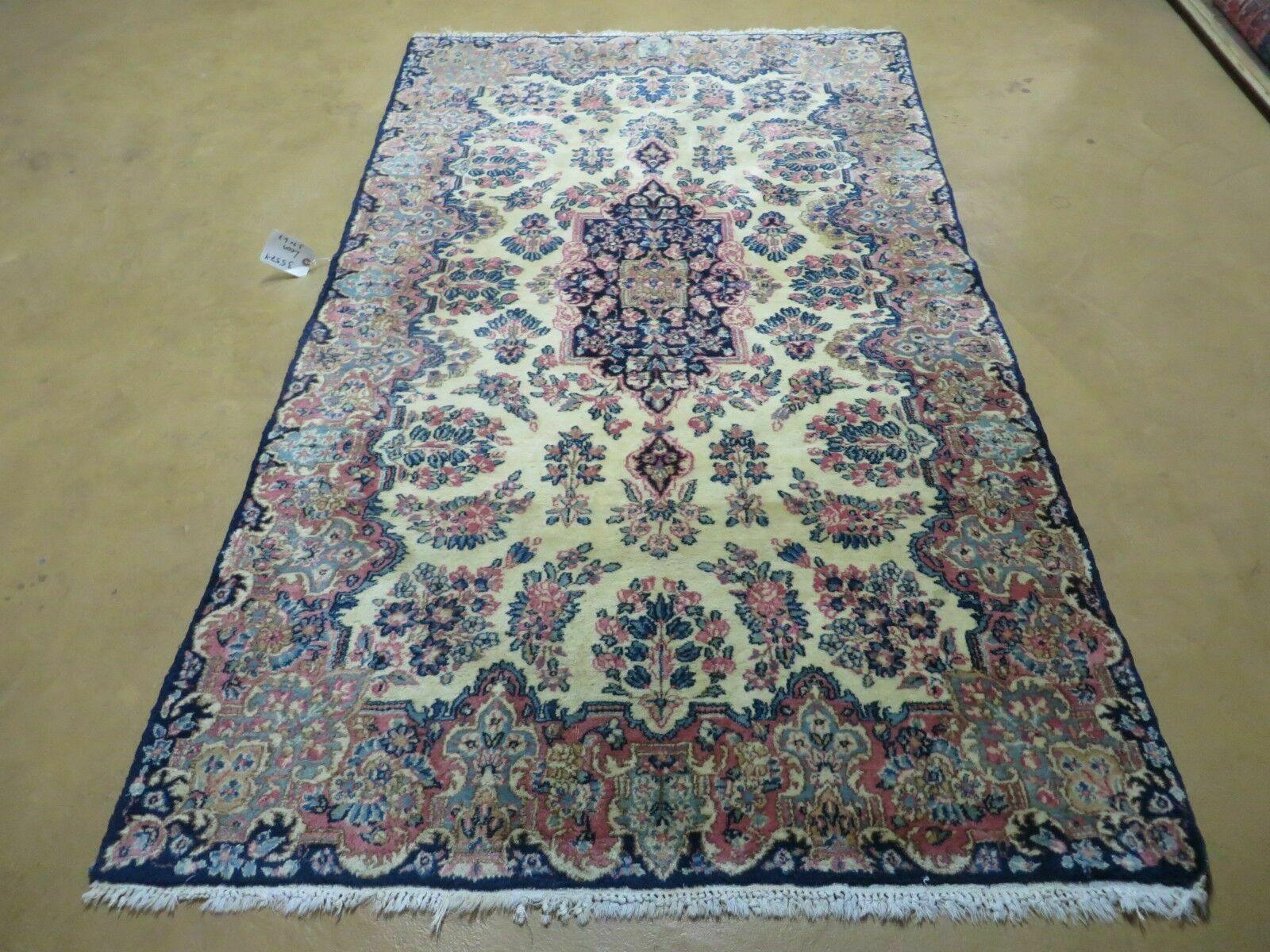 Antique Persian Kirman Rug 3.9 x 6.6, Floral Oriental Carpet, Ivory/Cream - Blue - Pink, Hand Knotted Wool Rug, Floral Medallion Rug 4x6 - Nuvé