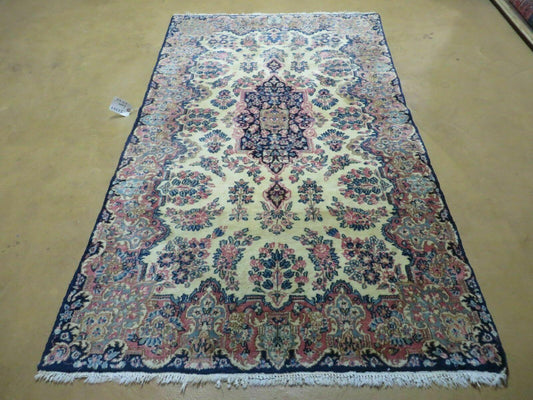 Antique Persian Kirman Rug 3.9 x 6.6, Floral Oriental Carpet, Ivory/Cream - Blue - Pink, Hand Knotted Wool Rug, Floral Medallion Rug 4x6 - Nuvé