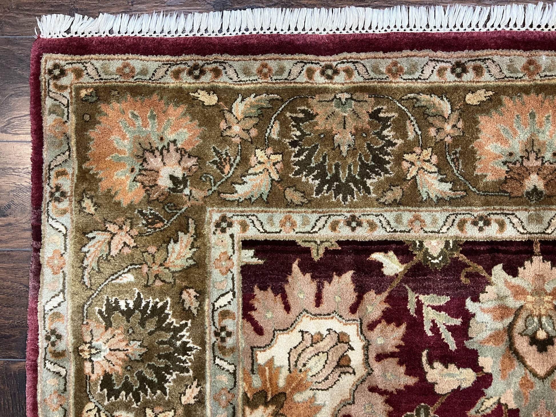 Indo Mahal Rug 6x9, Large Flowers Allover, Maroon and Green, Handmade Wool Area Rug, Vintage Rug, Indian Oriental Carpet, Hand Knotted Rug - Nuvé