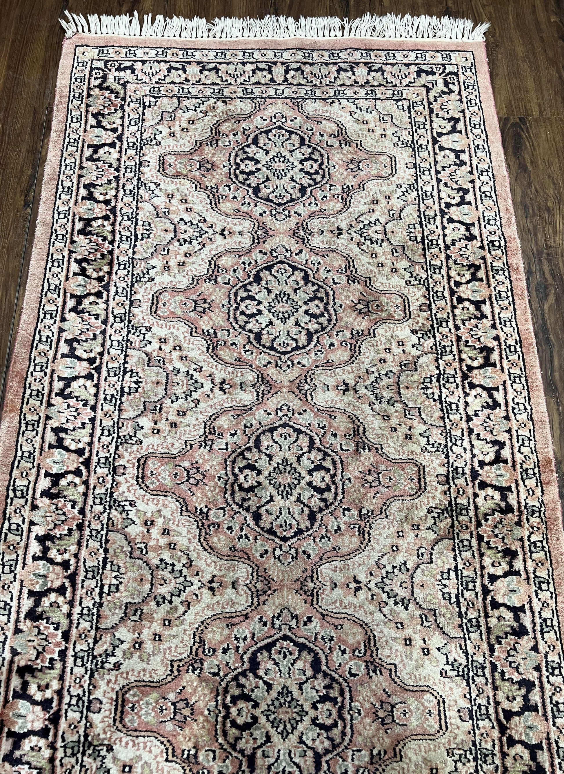 Silk Kashmiri Runner 2.7 x 10 ft Vintage Rug, Ivory Pastel Pink, Hand-Knotted Vintage Runner, Hallway Carpet, Indian Rug Medallion Runner - Nuvé