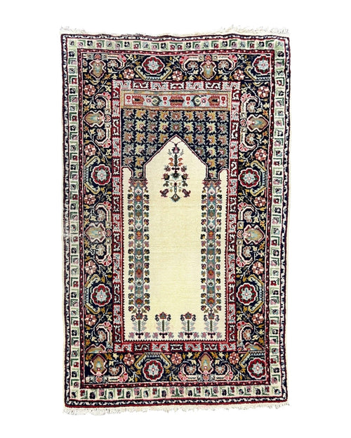Turkish Prayer Rug 2.5 x 4, Vintage Wool Hand Knotted Carpet, Ivory