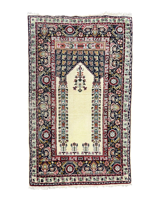 Turkish Prayer Rug 2.5 x 4, Vintage Wool Hand Knotted Carpet, Ivory