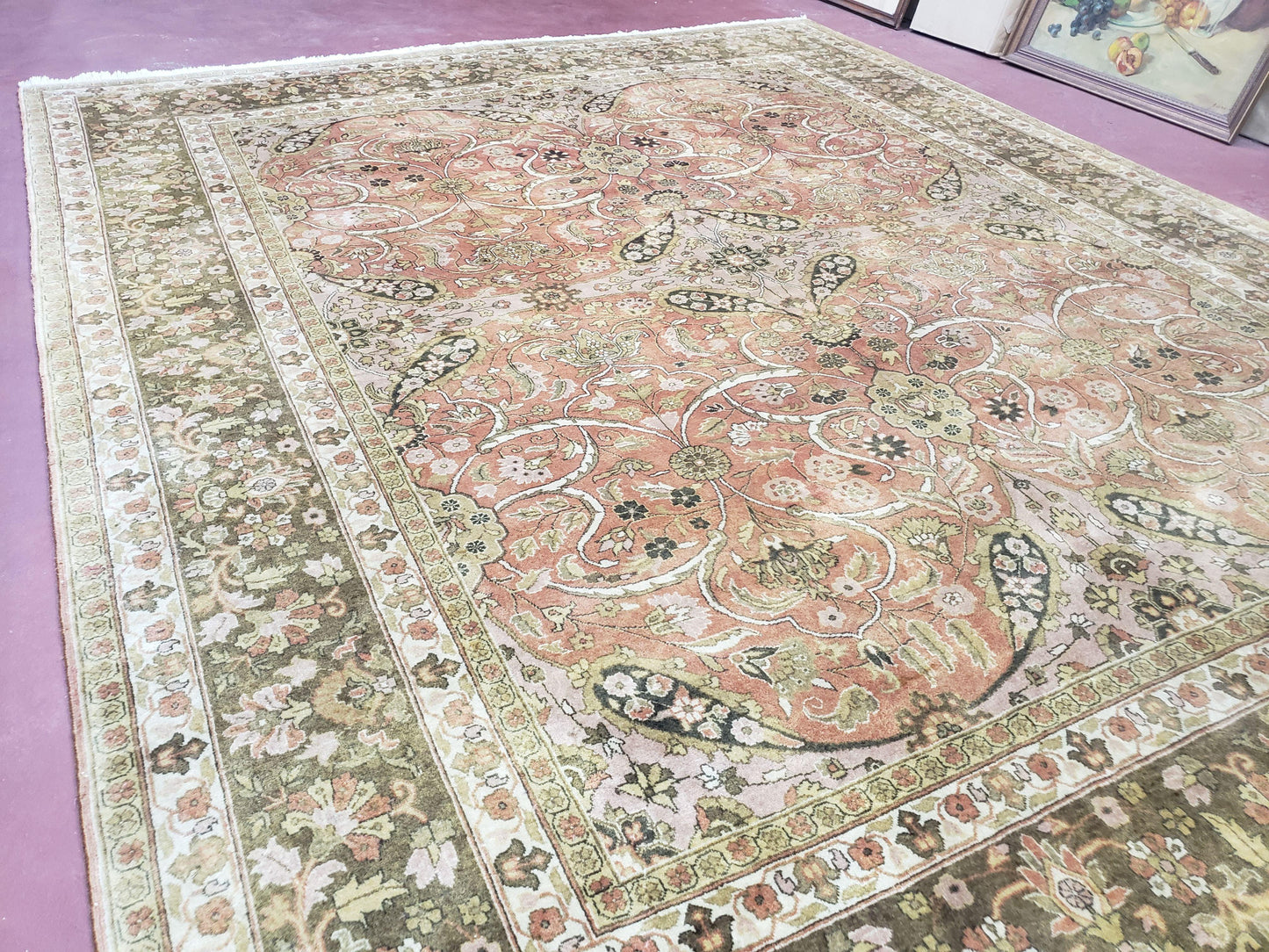 Indo Persian Rug 8x10, Vintage Indian Rug 8 x 10, Fine Hand-Knotted Wool Rug, Rose Clay Red Beige Brown Handmade Area Rug, Floral Medallion - Nuvé