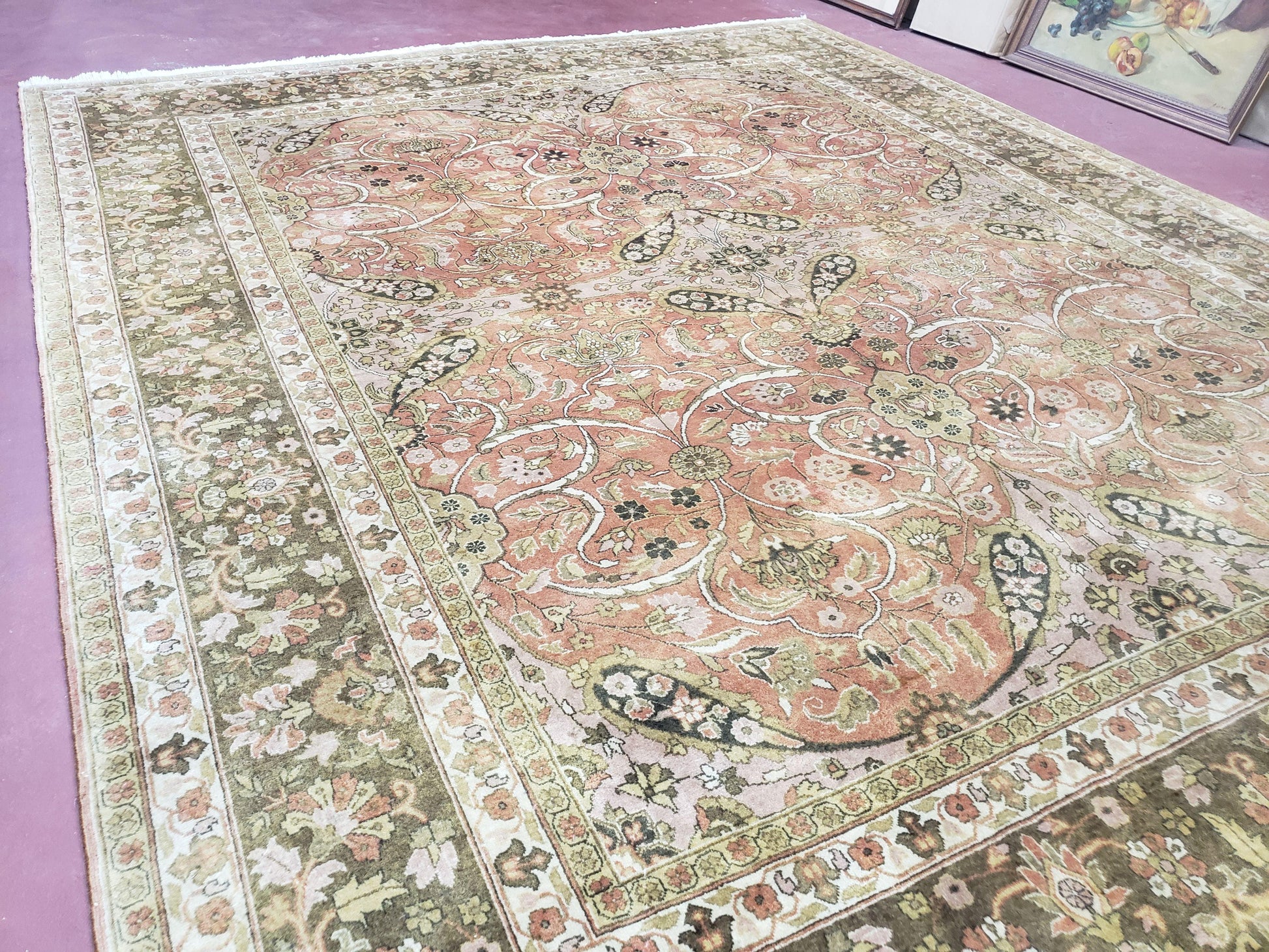 Indo Persian Rug 8x10, Vintage Indian Rug 8 x 10, Fine Hand-Knotted Wool Rug, Rose Clay Red Beige Brown Handmade Area Rug, Floral Medallion - Nuvé