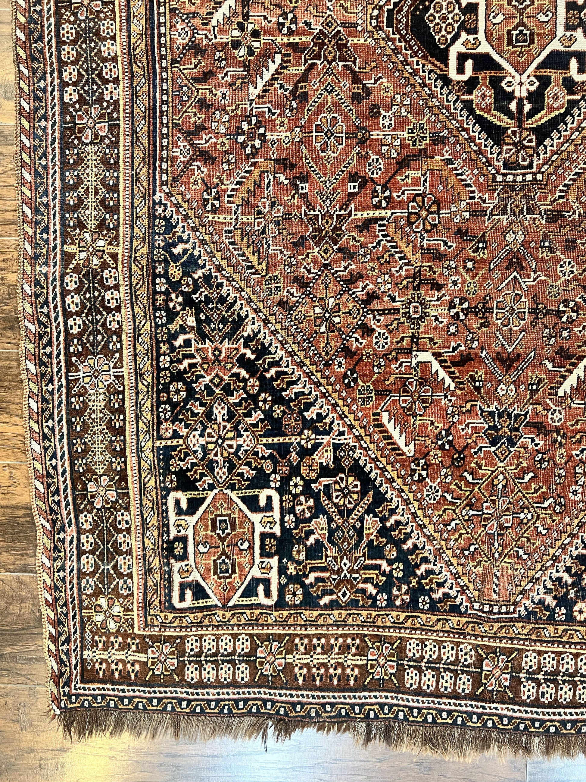 Antique Persian Shiraz Tribal Rug 6x8, Geometric Rug, Wool Handmade Hand Knotted Carpet, Red Blue - Nuvé