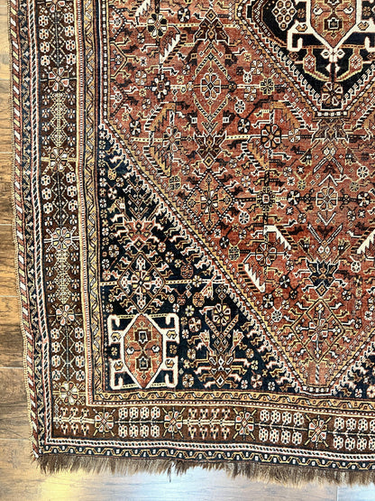 Antique Persian Shiraz Tribal Rug 6x8, Geometric Rug, Wool Handmade Hand Knotted Carpet, Red Blue - Nuvé