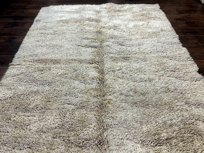 European Rya Shag Rug 6.6 x 9.7, Beige, Fluffy Vintage Area Rug - Nuvé