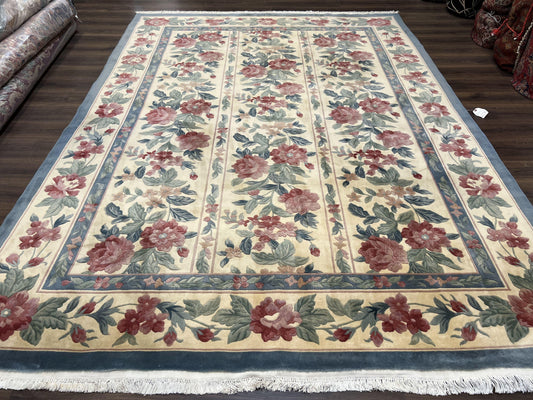 Chinese Wool Rug 8x11, Vintage 1960s Carpet, Cream and Teal, Floral Garden Panel, 8 x 11 ft Area Rug, Soft Handmade Room Sized 120 Line Rug - Nuvé