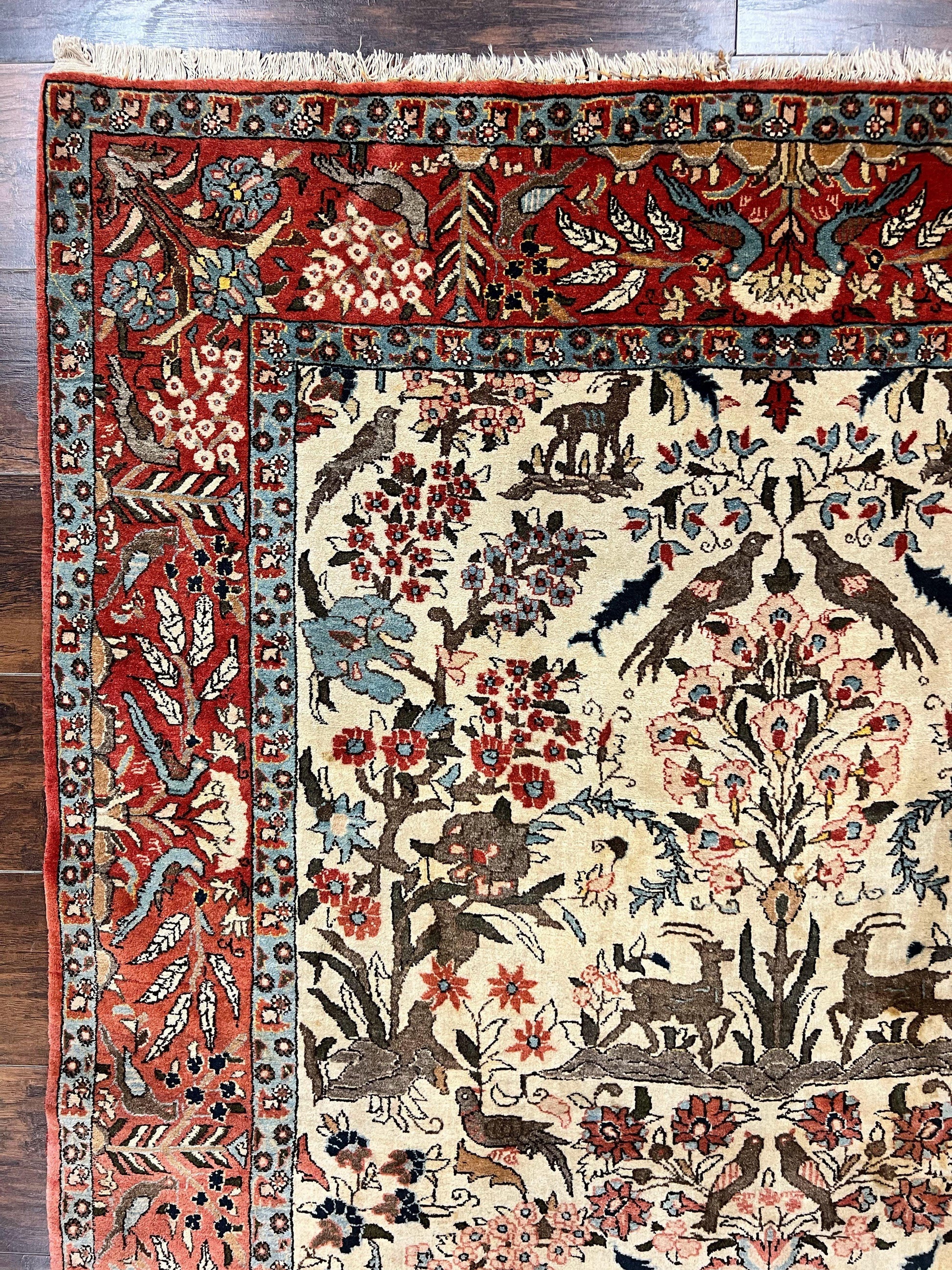 Persian Tree of Life 5x7, Qum Rug, Animal Motifs, Deer Birds, Fine 225 KPSI, Semi Antique Vintage Handmade Wool Rug, Cream Red - Nuvé
