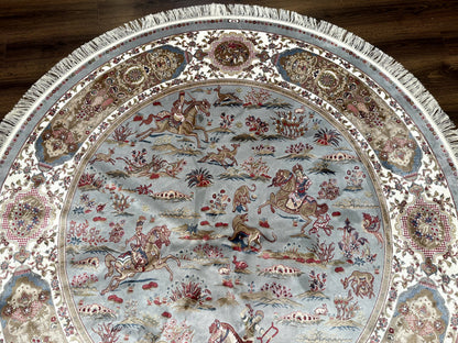 Round Silk Rug 6x6, Hunting Design, Bamboo Silk, Animal Pictorials