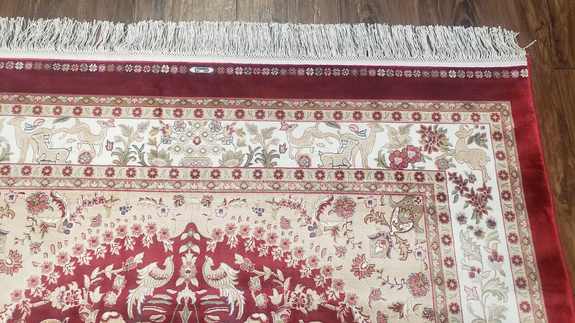 Silk Carpet 4x6 Dark Red & Cream, Tree of Life Rug, Animal Motifs, Birds Deer Rabbits, All Bamboo Silk, 4 x 6 Silk Area Rug - Nuvé