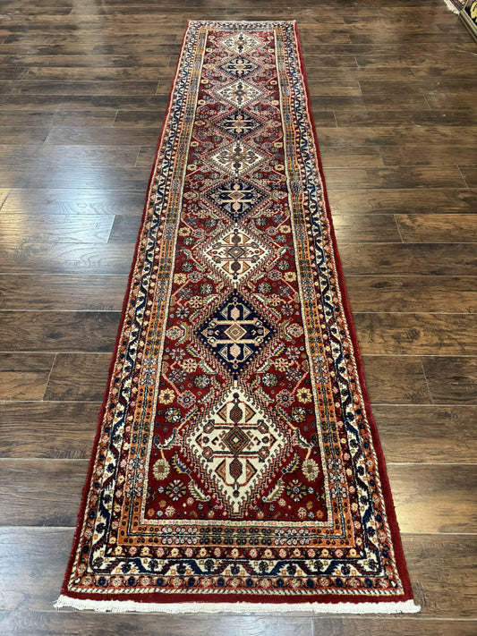 Antique Persian Qashqai Runner Rug 3 x 13 ft, Tribal Runner, Geometric Medallions, Red Ivory Blue, Wool - Nuvé