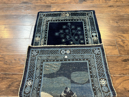 Antique Chinese Peking Rug 3x5, Dark Blue Chinese Wool Rug 3 x 5, Animal Pictorials Deer Birds, Handmade Asian Oriental Chinese Carpet - Nuvé