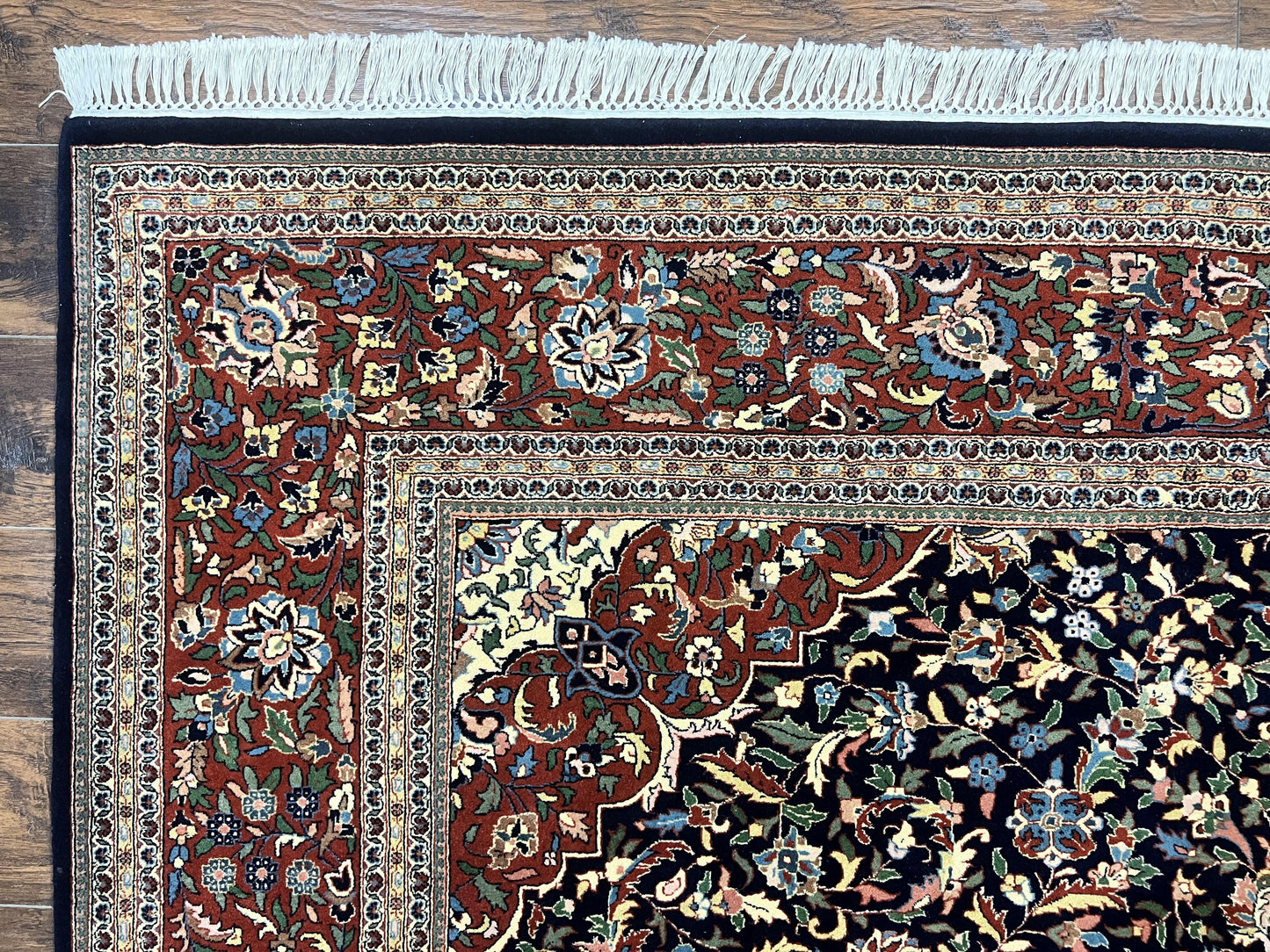 Indo Persian Rug 8x10, Floral Medallion, Vintage Handmade Wool Carpet, Navy Blue and Red, Fine 300 KPSI - Nuvé
